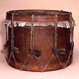 Confederate Drum, 1863, wood and leather, 12.5 in. high, 16.75 in. diameter. Gift of the heirs of Frank W. Taylor and Mrs. W.W. Harrell, 1951