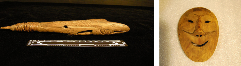 (L) Náxw. (Tlingit Halibut Hook) Image Courtesy McClung Museum of Natural History and Culture, 1940.6.5. (R) Tatqivluq. (Iñupiat wooden mask) Image Courtesy of McClung Museum of Natural History and Culture, 1949.4.101.