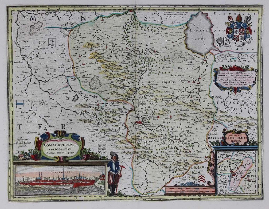 				Osnabrugensis episcopatus (Map of the German province of Hanover centered on Osnabruck), 1643, Willem Blaeu and Joannes Gigas, Hand-colored engraving, Gift of Jeffery M. Leving, Founder, Fathers’ Rights, 2014.17.53.  		