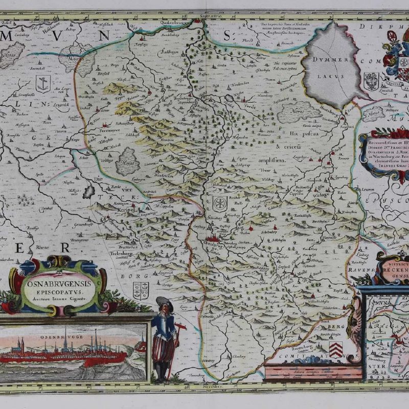 Osnabrugensis episcopatus (Map of the German province of Hanover centered on Osnabruck), 1643, Willem Blaeu and Joannes Gigas, Hand-colored engraving, Gift of Jeffery M. Leving, Founder, Fathers’ Rights, 2014.17.53.