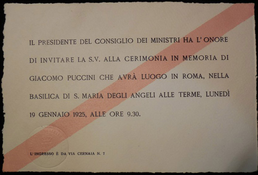 Original Invite to Puccini's Memorial in 1925, Rome