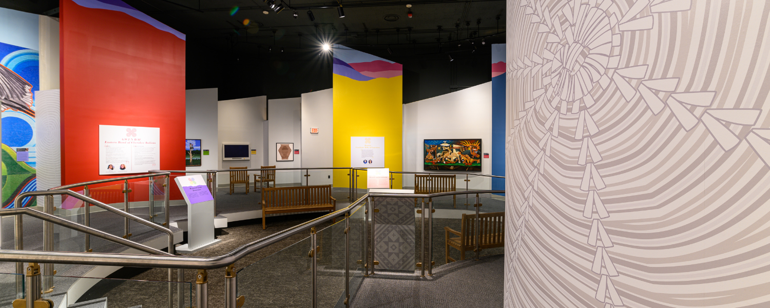 View of new exhibition, Homelands: Connecting to Mounds through Native Art shows renovated gallery space and new art