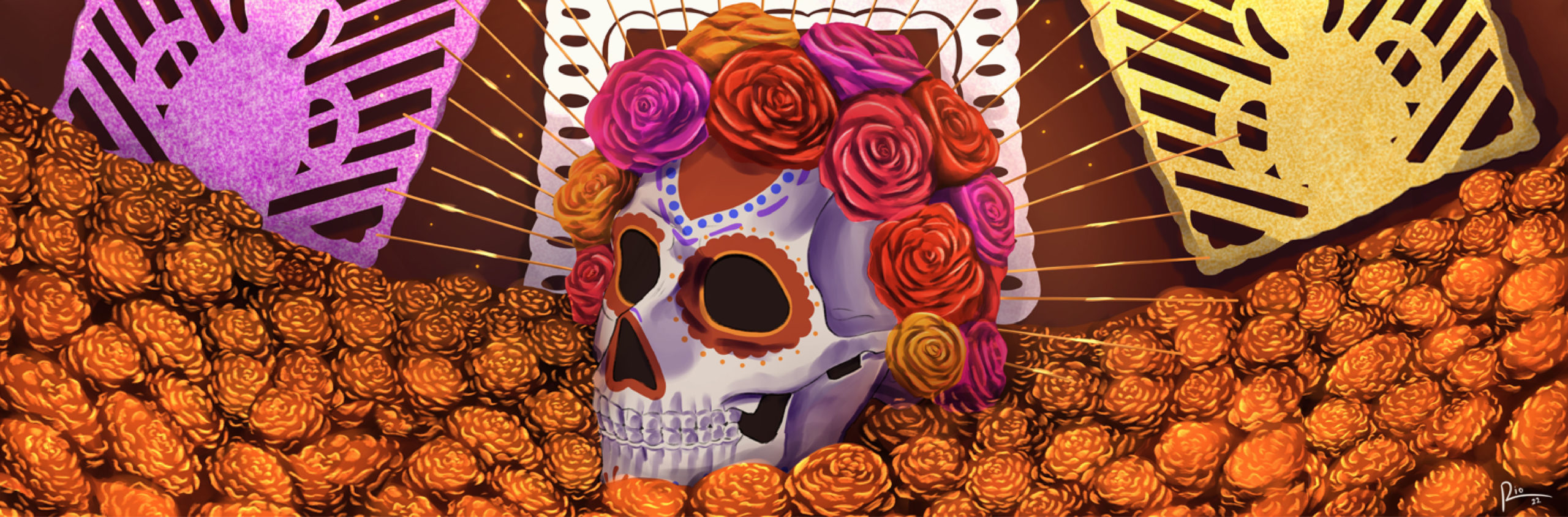 Illustration of skull adorned with bright red and orange flowers sits in front of a colorful banner