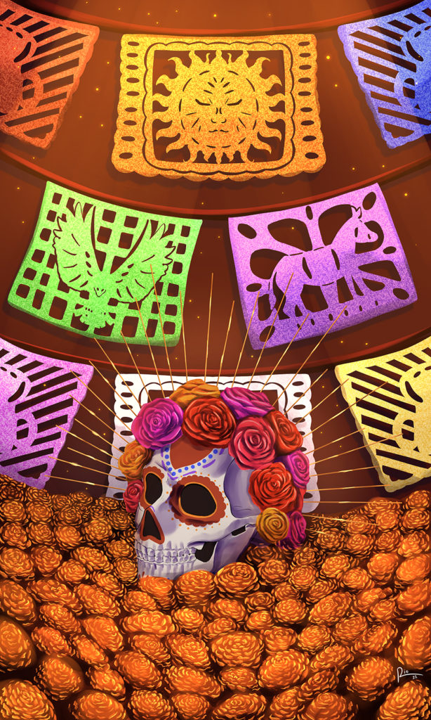 Skull adorned with red and orange flowers sits in front of colorful banners