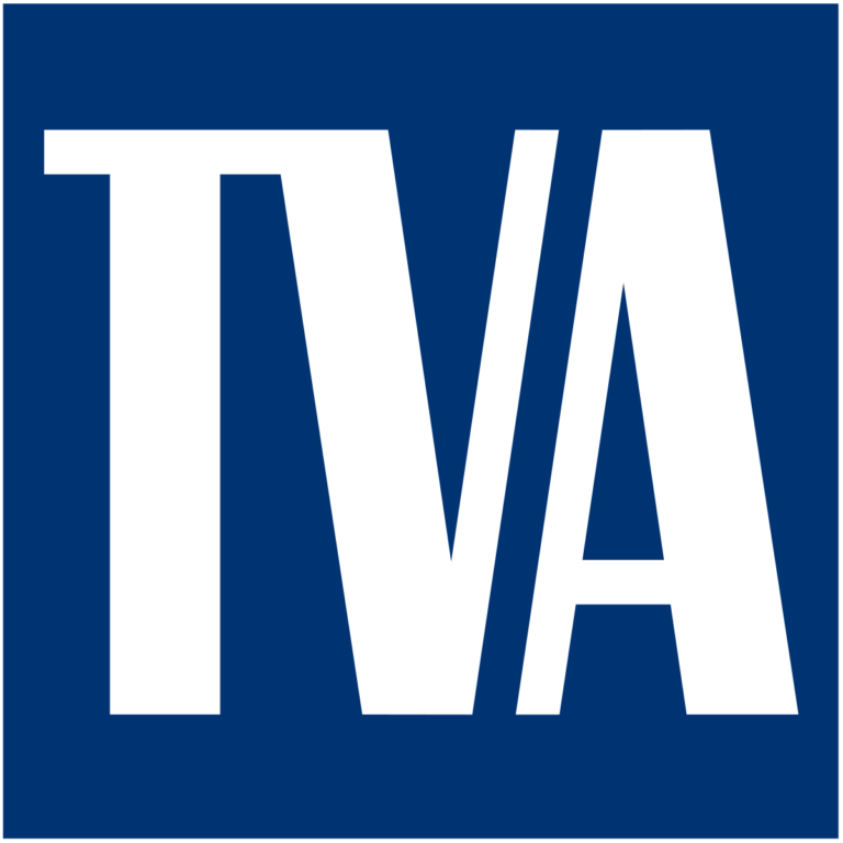 Tennessee Valley Authority Logo shows white letters TVA on a dark blue background