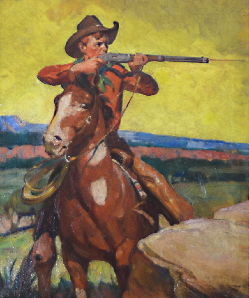 Cowboy on a horse shooting a riffle