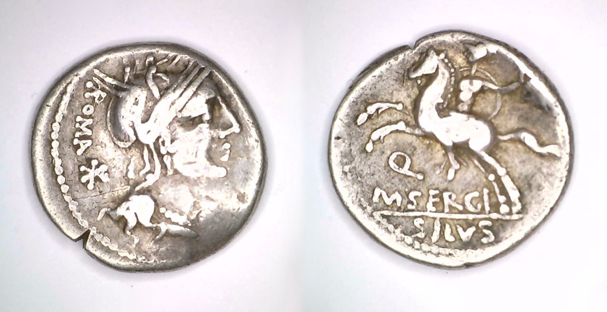 2015.7.6 - Roman Republic coin, silver. Minted by Marcus Sergius Silus, quaestor (financial official) in 116-115 BCE. The coin shows the winged-helmed head of Roma, the personification of Rome, while the reverse depicts a scene from the 2nd Punic War (218-201 BCE)