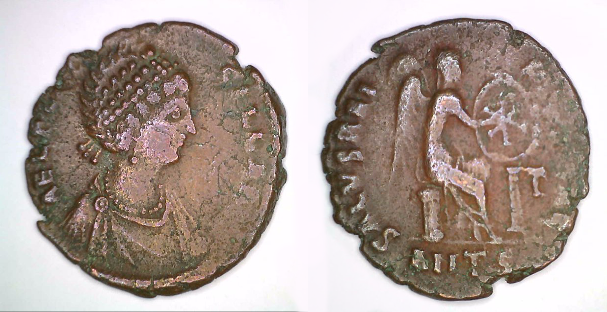 [2015.7.135] Roman Imperial coin, bronze, AE 2. Struck during the reign of Flavius Theodosius Augustus in honor of his first wife Aelia Flaccilla (356-386 C.E.), in Antioch, 379-386 C.E. 