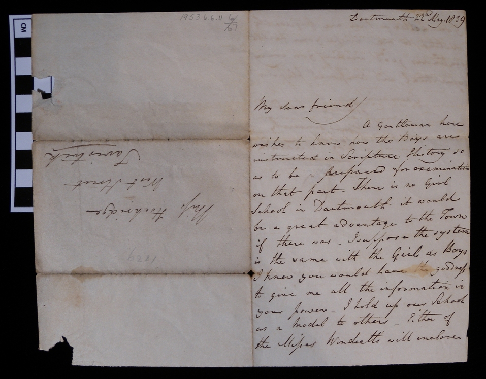 (1953.6.6.11) Handwritten letter written in England dated May 22, 1839 addressed to "MissHockridge / West Street / Tavistock." 
