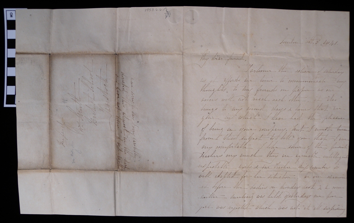 (1953.6.6.17) Handwritten letter with a watermark dated October 3, 1840 written in England and addressed to "Mrs. Smith / British School / Tavistock."