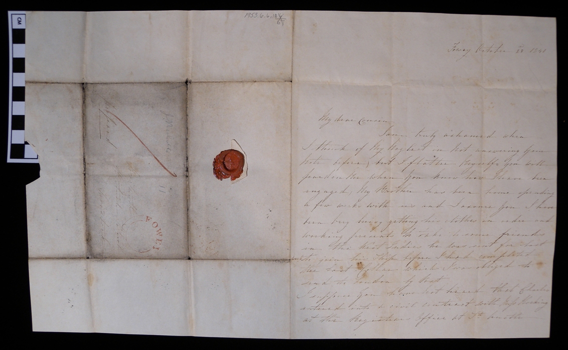 (1953.6.6.18) Handwritten letter with red postmark and complete wax seal. Dated October 22, 1840 and addressed to "Miss Smith / British School / Tavistock."